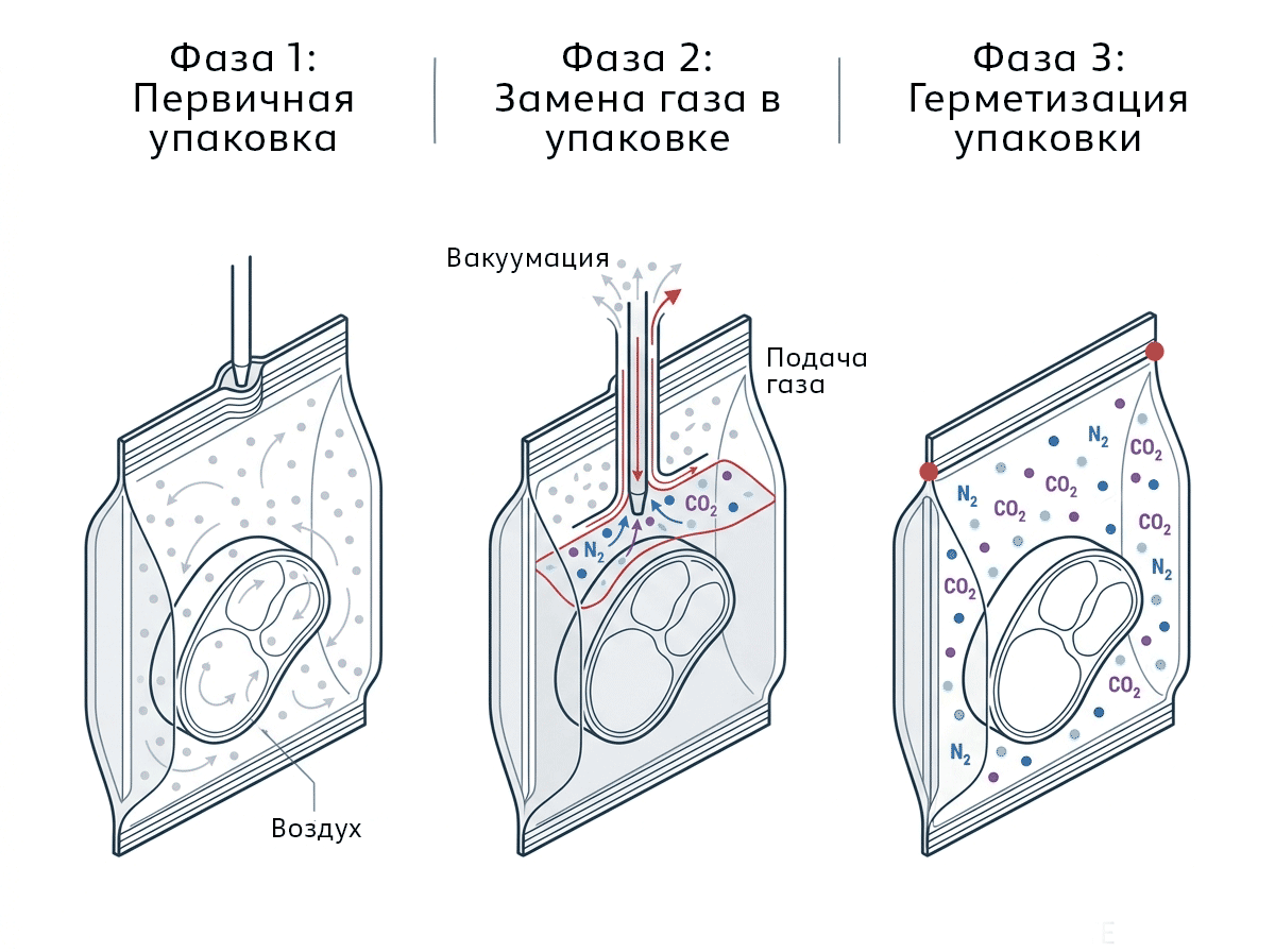Схема формирования газовой среды в упаковке: замещение воздуха смесью азота, углекислого газа и кислорода